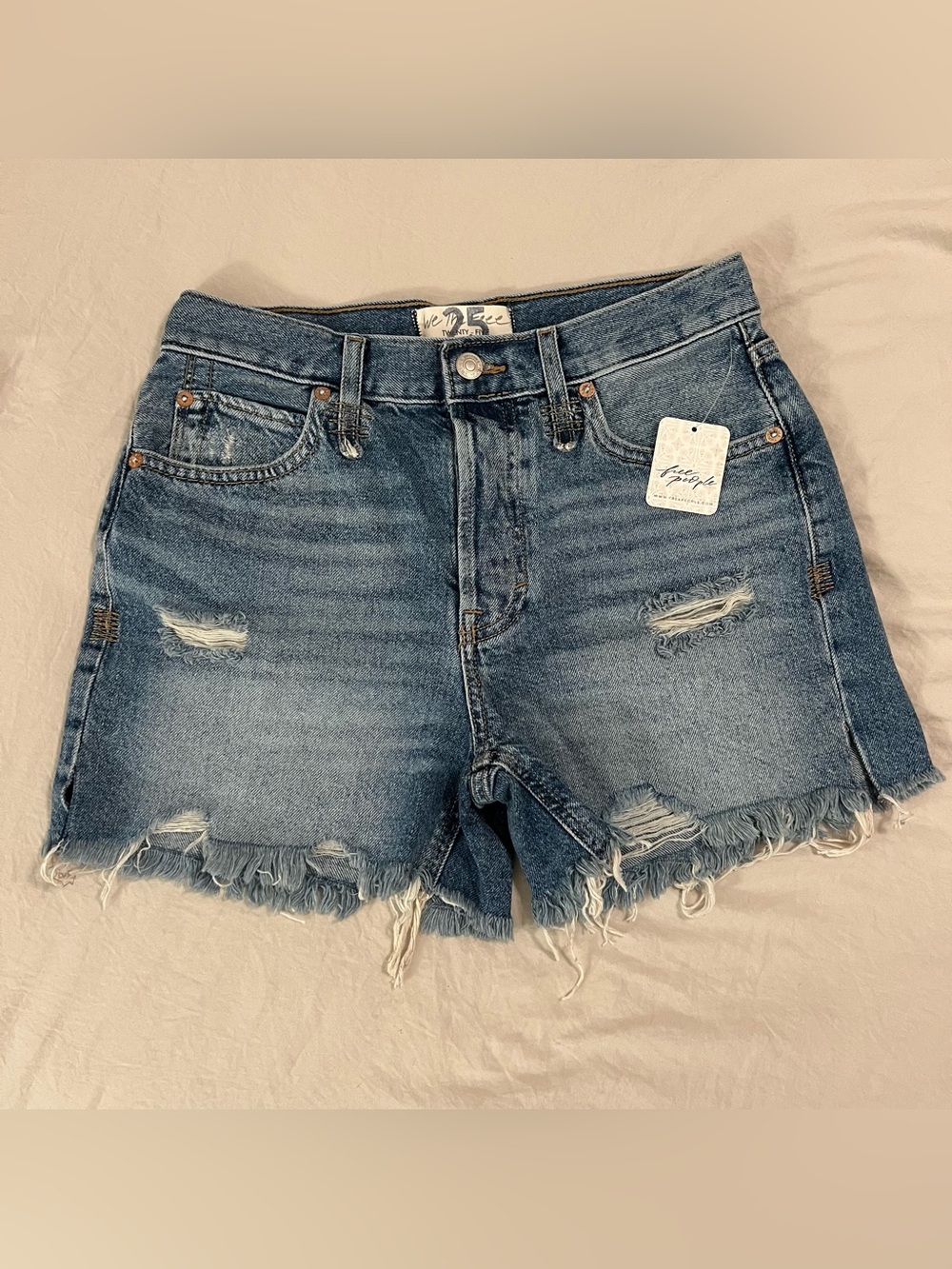 Free People Medium Blue Distressed Denim Cutoff Shorts